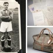 Pics of Duncan Edwards, letters to the football star and the legendary sportsman’s overnight bag issued by Graham Budd Auctions. Pic – PA Wire/PA Images