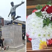 The Mayor of Dudley Cllr Sue Greenaway lays a wreath remembering Dudley footballing star Duncan Edwards on the 65th anniversary of his death