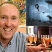 Artist Geoff Tristram; angel - top right, and glasses of fizz, bottom right.