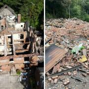 The fire damaged Crooked House and the rubble that remained after Monday's demolition. Pics - PA