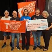 L-r - John Hall - Luke's dad, uncle Phil Carr,  Grace Higgins from the Teenage Cancer Trust, Luke Hall and mum Jan Hall