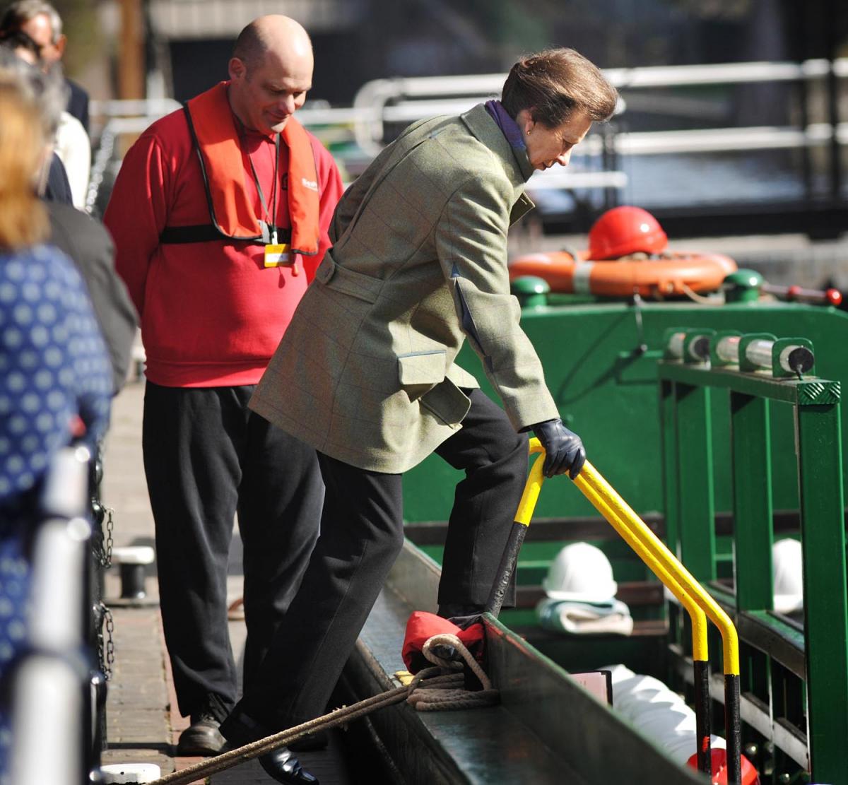 Princess Anne boarding the narrowboat