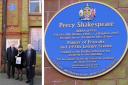 L-r - Prof Brendan Flynn from Royal Birmingham Society of Artists and former Curator of Birmingham Museum, Mayor of Dudley, Councillor Anne Millward, and Robin Shaw; and right - close up of the blue plaque remembering Percy Shakespeare