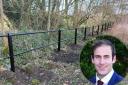 The new security barriers at Castle Hill Woods, and Cllr Keiran Casey (inset)