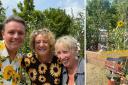 Andrea Childs, centre, with brother Steve Bell and TV's Carol Klein, and the border garden in memory of Andrea's daughter Beth, aged 20