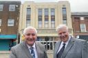 Cllr Patrick Harley, leader of Dudley Council, with Tony Swannie, leaseholder at Plaza Mall, outside the landmark Art Deco building