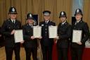 PCs Dean Russell, Matthew Saul, David Tarbuck and Luke Wooldridge who were hailed life savers by Royal Humane Society for saving man who had slashed his wrist, with Chief Constable David Thompson, centre