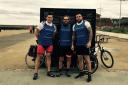 Andrew Baxter, Rikki Theodosi and Scott Moore at the end of their coast-to-coast cycling challenge in aid of Mary Stevens Hospice
