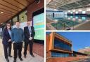 Cllr Simon Phipps (centre) with Rita Pearce from Dudley Council's leisure services (left) and Kevin Levack, centre manager (right). Right side - the new pool and leisure centre facade