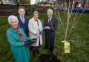 Concentration camp survivor Eva Clarke BEM, Michael Newman OBE from the Association of Jewish Refugees, the Mayor of Dudley, Councillor Sue Greenaway, and Lord Lieutenant Sir John Crabtree CBE at Dudley's Holocaust memorial tree planting (left to right).