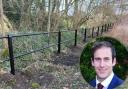 The new security barriers at Castle Hill Woods, and Cllr Keiran Casey (inset)