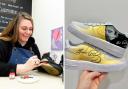 Sarah Wilkinson of Soley Customs, left, and an example of her customised trainers, right.