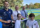 Stuart Maidment from LTA, headteacher from Belle Vue Joel Marshall and Cllr Damian Corfield with Belle Vue pupils Izzy Bailey, aged 10, and Ghassan Sharifth, aged nine.