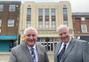 Cllr Patrick Harley, leader of Dudley Council, with Tony Swannie, leaseholder at Plaza Mall, outside the landmark Art Deco building