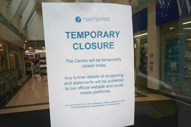 A sign in place at the Ryemarket Shopping Centre this morning (March 16).