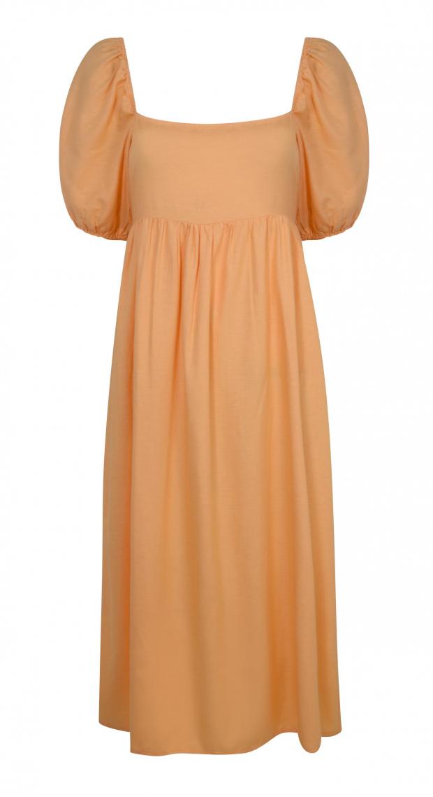 Dudley News: Bright Orange Linen-Look Puff Sleeve Midi Dress. Credit: New Look