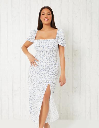 Dudley News: Blue Floral Print Square Neck Short Puff Sleeve Midi Dress. Credit: I Saw It First