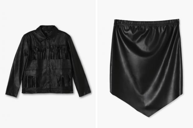 Dudley News: (Left) Fringe Faux Leather Jacket and (right) Pointed Hem PU Mini Skirt in black (Boohoo/Canva)