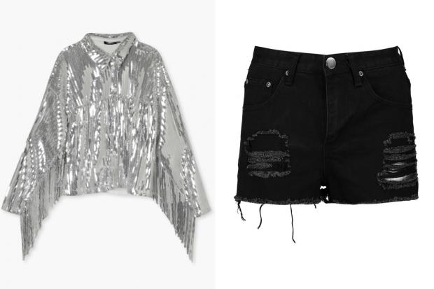 Dudley News: (Left) Sequin Fringe Detail Shirt and (right) Petite High Rise Distressed Denim Shorts (Boohoo/Canva)
