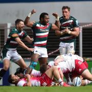 Kini Murimurivalu of Leicester Tigers celebrates at the final whistle - Mandatory by-line: Patrick Khachfe/JMP - 15/05/2021 - RUGBY UNION - Mattioli Woods Welford Road - Leicester, England - Leicester Tigers v Harlequins - Gallagher Premiership