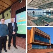 Cllr Simon Phipps (centre) with Rita Pearce from Dudley Council's leisure services (left) and Kevin Levack, centre manager (right). Right side - the new pool and leisure centre facade