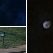 Watsons Close in Dudley, left, where dog walker Graham Rollinson says he filmed a strange object in the sky, right.