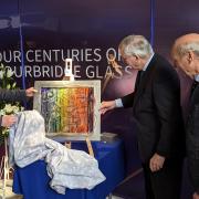 Duke of Gloucester at Stourbridge Glass Museum, with glass artist Allister Malcolm, left, and Graham Knowles of the British Glass Foundation, right.
