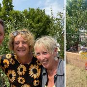 Andrea Childs, centre, with brother Steve Bell and TV's Carol Klein, and the border garden in memory of Andrea's daughter Beth, aged 20