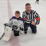 Young ice hockey star Noah Potter, with Dave Clancy of Clancy's Goalie Clinic