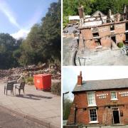 The Crooked House - remains (Andy Cashmore), after the fire (PA) and before (SWNS)