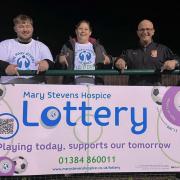 Liam Allen and Helen Prince from Mary Stevens Hospice with Andy Bullingham from Stourbridge FC. Picture: Mary Stevens Hospice