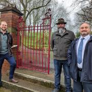 Cllr Adam Davies, Frank Chamberlain (chairperson of the Friends of Marsh Park and Lawyers Field) and Cllr Paul Bradley at the refurbished gates on North Street