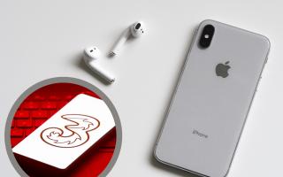 (Background) iPhone and airpods (Canva), (circle) Three logo on phone (PA)
