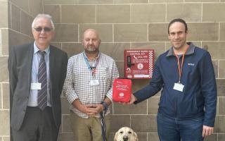 L to R: Steve Johnson, executive director estates at Dudley College of Technology, Cllr: Karl Denning with Bilko (Cllr Denning’s guide dog) and Cllr. Keiran Casey