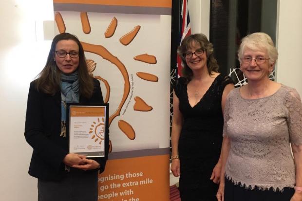 Claire Engleheart receives the ‘No Barriers’ award on behalf of the SVR, along with volunteers Glenys Wrench and Pauline Paddock