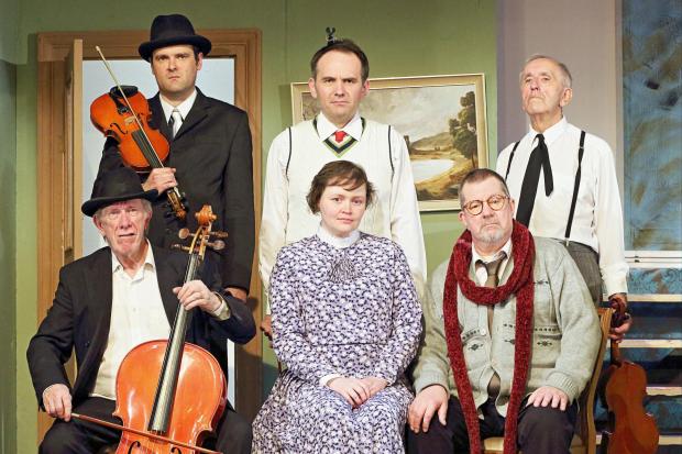 L-r (standing) Gareth May as Louis, James Silvers as Harry, Maurice Felton as Major Courtney, (seated) John Lucock as One Round, Claire Hetherington as Mrs Wilberforce, Tony Stamp as Professor Marcus.